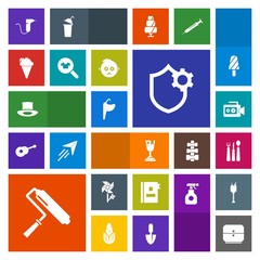 Modern, simple, colorful vector icon set with knife, floral, tap, drill, faucet, food, clinic, video, sink, roller, spring, drawer, hat, sweet, winner, dentist, medical, book, first, place, fork icons