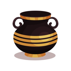 Flat vector icon of shiny black amphora with golden stripes. Ancient jug with two handles and broad neck. Greek pottery vase
