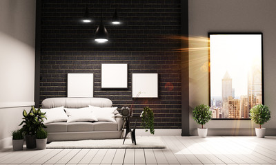 Loft Style Living Interior Design with Mock up. 3D rendering