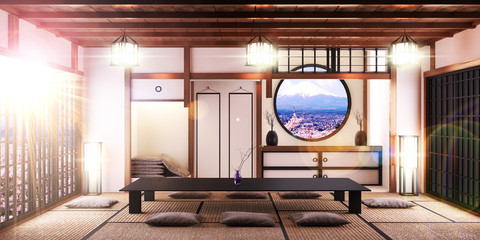 Japanese style room interior design. 3D rendering