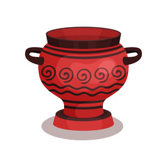 Flat vector icon of red amphora with circular ornament. Ancient ceramic jug with two handles and broad neck