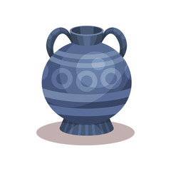 Flat vector icon of antique amphora with traditional ornament. Blue jug with two handles and narrow neck