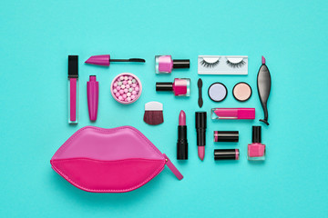 Fashion Cosmetic Makeup. Collection Beauty Products Accessories. Essentials. Layout. Trendy Design. Lipstick Brushes Eyeshadow, Clutch Bag. Creative Pastel Color. Art Concept Style.