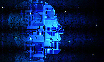 Head with circuit pattern fading into computercode deep leaning concept