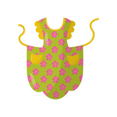 Green kitchen apron with floral pattern and two yellow pockets. Cooking dress for housewife. Flat vector illustration