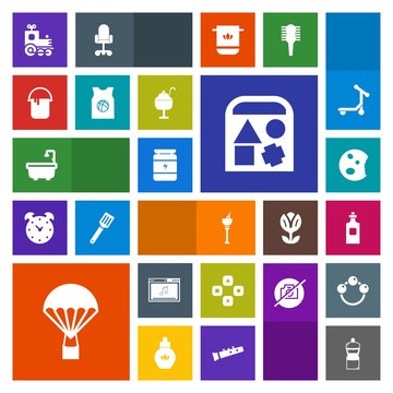 Modern, simple, colorful vector icon set with food, cleaner, sport, wine, paint, toilet, extreme, sign, bucket, computer, fitness, fun, game, jump, health, online, liquid, parachute, toy, sky icons