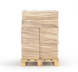 Cardboard boxes wrapped polyethylene on wooden pallet isolated on white background. 3d illustration © sveta