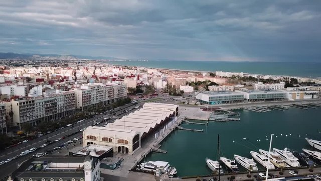 Spain, Valencia aerial shooting, bird-eye view of port, bay and sailboats, cool yachts, nice view of the sea