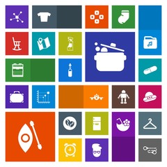 Modern, simple, colorful vector icon set with space, housework, equipment, chemistry, spray, map, travel, chair, atom, coffee, ufo, flight, departure, molecule, technology, food, cook, activity icons