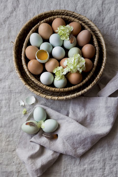 Multicoloured eggs in a basket