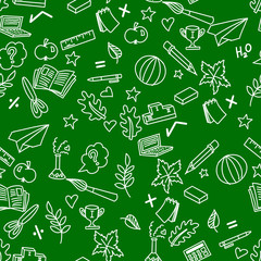 school seamless pattern with white doodles and green background