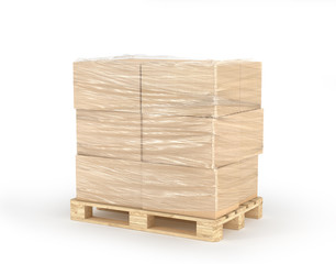 Cardboard boxes wrapped polyethylene on wooden pallet isolated on white background. 3d illustration