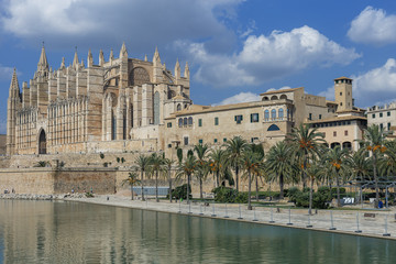 main Church of Palma de Mallorca St. Mary's Cathedral with a beautiful canal in the foreground