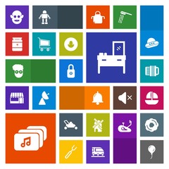 Modern, simple, colorful vector icon set with electricity, gardening, ocean, cabinet, lawn, retro, home, accordion, mill, bell, alien, ufo, alarm, sign, graphic, health, music, nutrition, call icons