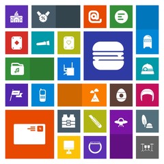 Modern, simple, colorful vector icon set with building, worker, office, business, sandwich, music, jacket, equipment, communication, cheeseburger, cutter, poker, blue, landscape, snack, helmet icons