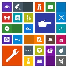 Modern, simple, colorful vector icon set with hammer, cooking, spanner, dinner, technology, flag, cute, shirt, baby, background, communication, cloakroom, spaceship, file, cheese, clothes, pot icons