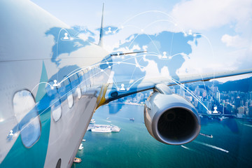 airplane transportation around the world, global network with technology