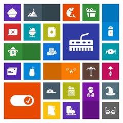 Modern, simple, colorful vector icon set with building, eyeglasses, music, closed, cap, salt, icecream, pepper, , milk, game, poker, machine, cream, food, plastic, house, clothing, sun, doughnut icons
