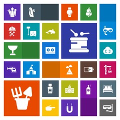 Modern, simple, colorful vector icon set with sky, scan, mountain, musical, city, nature, piece, snorkel, background, toy, bed, xray, building, water, builder, drum, summer, house, chess, cloud icons