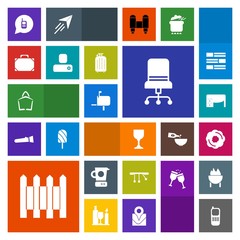 Modern, simple, colorful vector icon set with barrier, pendulum, bag, stationary, fashion, chair, comfortable, object, work, phone, wine, dessert, communication, armchair, style, post, cooking,  icons