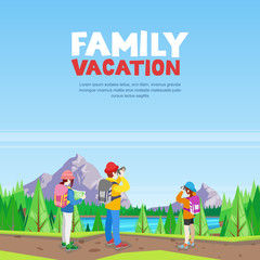 Family vacation, hiking and outdoors sports activity. Vector cartoon style illustration.