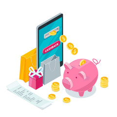 Cashback online service concept. Vector isometric 3d illustration. Icons for cash back or transfer payments mobile apps