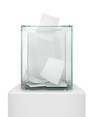 Realistic empty transparent ballot box with voting paper in hole. 3d illustration
