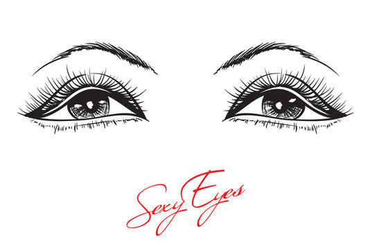 Hand-drawn woman's sexy makeup look with perfectly perfectly shaped eyebrows and extra full lashes. Perfect salon look. Eyelashes