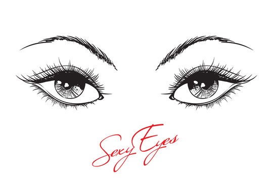 Hand-drawn woman's sexy makeup look with perfectly perfectly shaped eyebrows and extra full lashes. Perfect salon look. Eyelashes