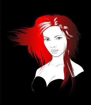 Sketch of the face of a fashion girl. Fashion girl face. Women face on a black background.
