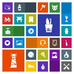 Modern, simple, colorful vector icon set with train, cleaner, brush, toothpaste, food, beacon, fire, tooth, canoe, music, japan, dental, dirt, headphone, paddle, boat, lighthouse, quad, light icons