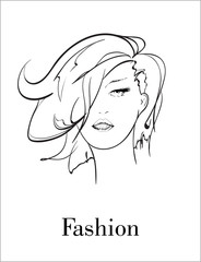 Sketch of the face of a fashion girl. Fashion girl face. Women face on white background.