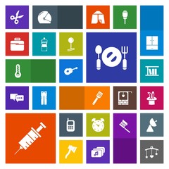 Modern, simple, colorful vector icon set with clock, hour, spoon, broom, pan, thermometer, dentistry, cleaner, dentist, music, drop, cut, watch, tool, alarm, temperature, bag, briefcase, clinic icons