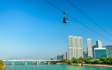 Fototapeta premium Cable car above Tung Chung Bay in Hong Kong on Lantau Island