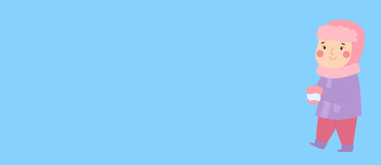 Christmas vector banner horizontal web format play snowball game child boy kid winter sport snow winter balls Xmas poster or greeting card.