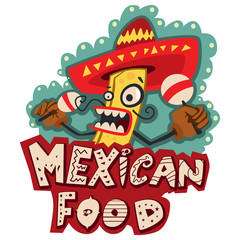 Mexican food logo with burrito in traditional clothes in sombrero and with maracas. Vector design template isolated on white background. Cute cartoon illustration.