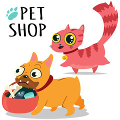 Pet shop logo. Dog with a basket of products in his teeth and a cute cat. Vector cartoon illustration isolated on white background.