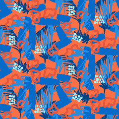 Grunge strokes pattern. Abstract textured red and blue vector pattern background. Seamless texture with foliage, shapes and brush strokes.