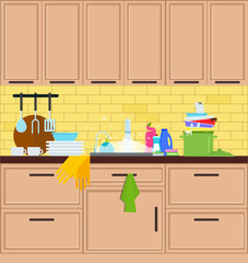 Kitchen sink. Crane in the kitchen. Vector flat illustration.