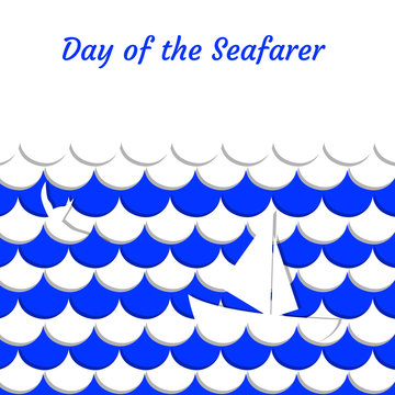 Day of the Seafarer. 25 June. Stylized cartoon sea, waves, ship, whale tail. Blue and white