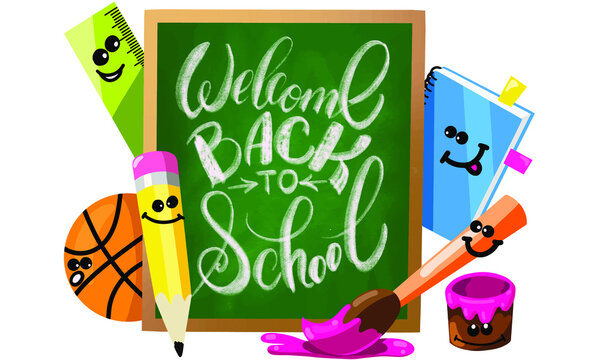 School vector characters of funny pencil, ruler, brush, paint, basketball and notebook looking out from blackboard with back to school chalk writing.