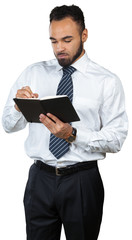 Naklejka na ściany i meble Black man businessman holding his notepad isolated on white background