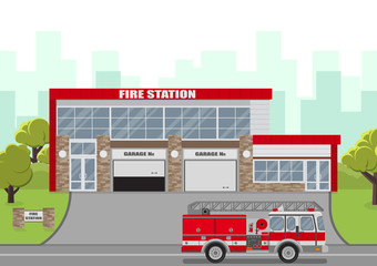 Vector illustration. Fire station with fire truck on city background.