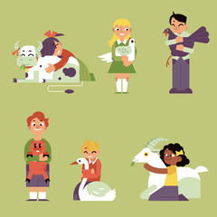 Children hugging domestic farm animals set isolated on green background. Flat cartoon kid girls and boys gently and carefully embracing animals and birds in vector illustration.