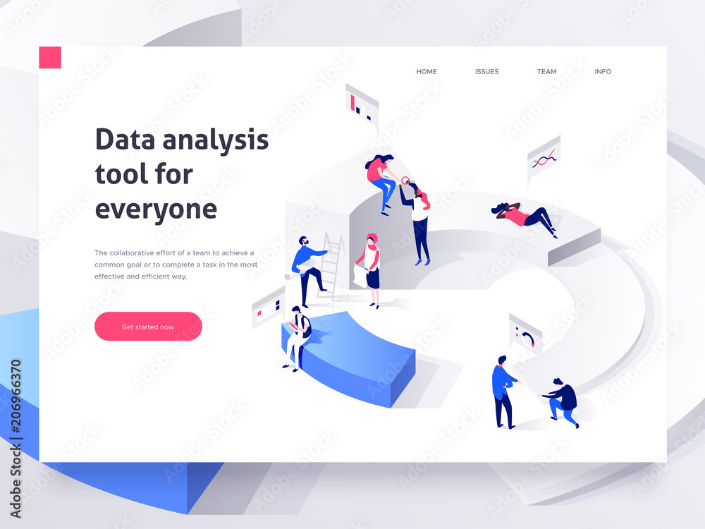 Poster people in a team build a pie chart and interact with graphs. landing page template. 3d isometric ill