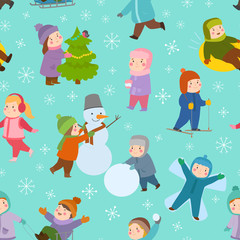 Kids winter Christmas games playground children playing sport games of kinds snowball, skating, kiddy holidays seamless pattern background