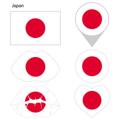 Flag of Japan, set. Correct proportions, lips, imprint of kiss, map pointer, heart, icon. Abstract concept. Vector illustration on white background.