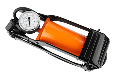 orange foot pump for a car with a manometer, top view isolated on white