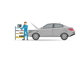 Auto mechanics in uniform check engine icon. Car diagnostics and repair services vector illustration.