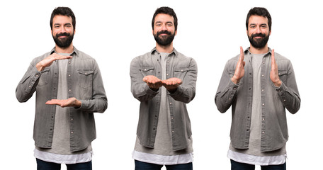 Set of Handsome man with beard holding something